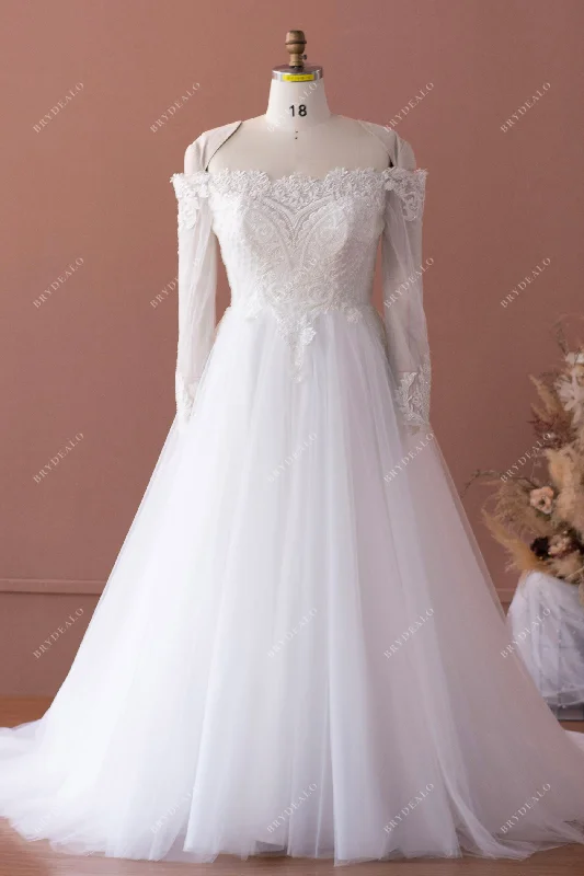 Plus Size Illusion Sleeved Beaded Lace Tulle Wedding Dress