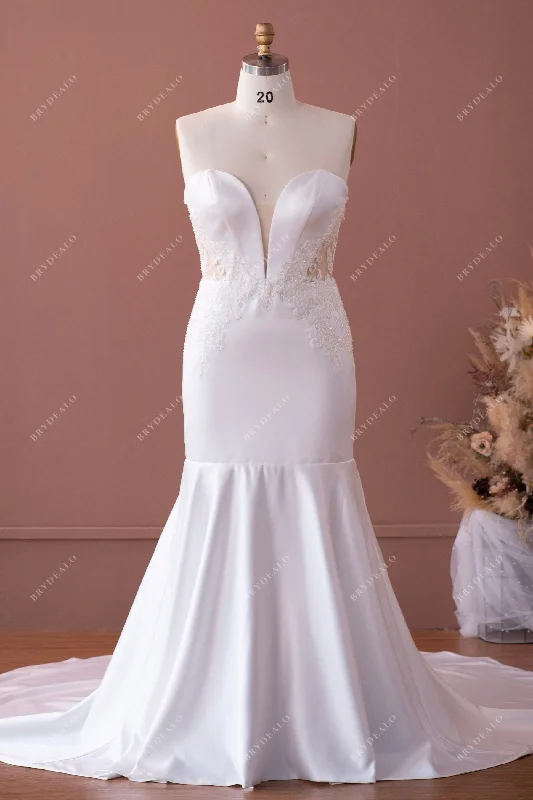 Plus Size Lace Satin Strapless Plunging Mermaid Wedding Dress