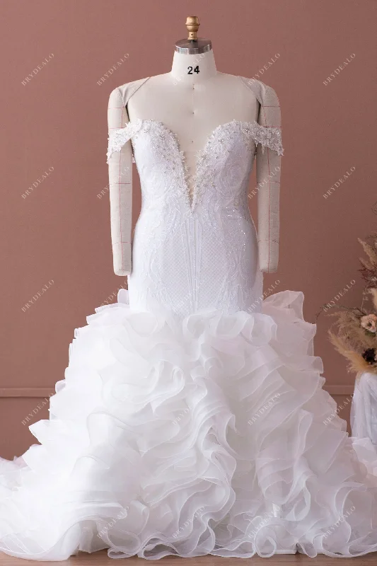 Plus Size Luxury Off Shoulder Lace Ruffled Organza Wedding Dress