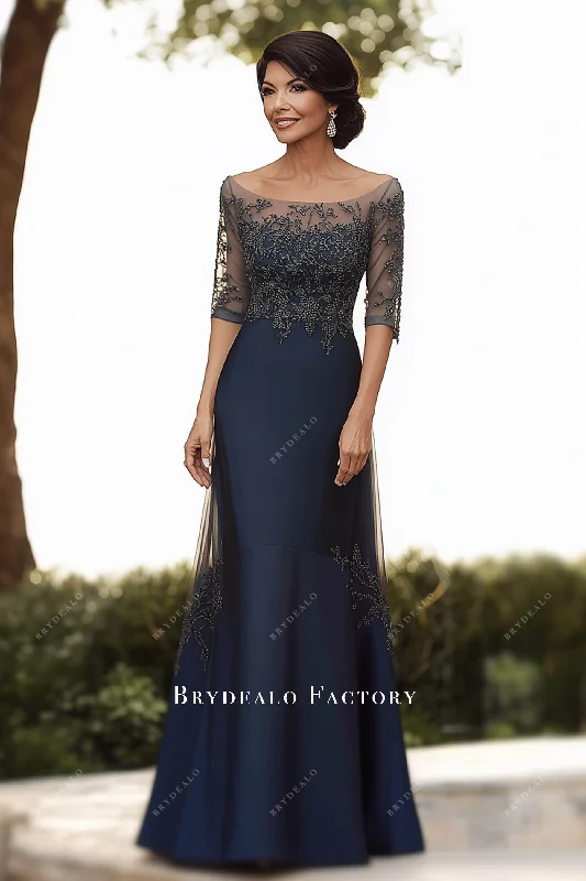 Ready To Ship | Navy Sleeved Beaded Lace Mother of Bride Dress