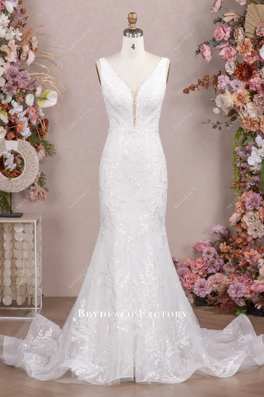 Ready To Ship | Shimmery Leaf Lace Mermaid Outdoor Wedding Dress