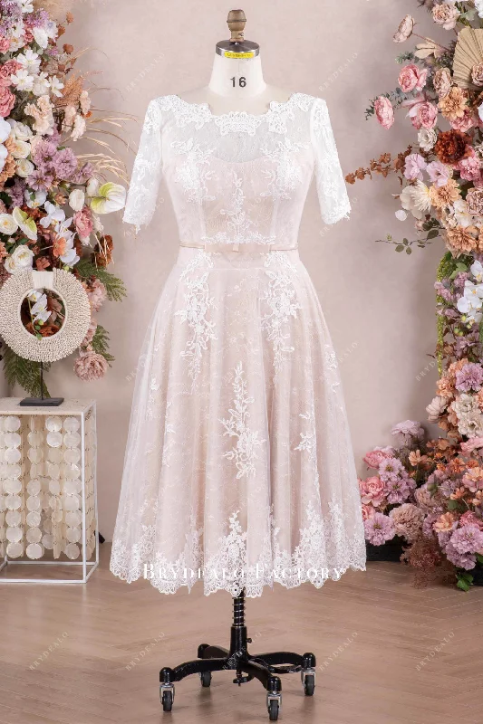 Ready To Ship | Vintage Sleeved Tea Length Lace Wedding Dress