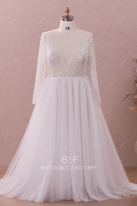 Illusion Sleeved Lace Tulle Plus Size Bridal Dress