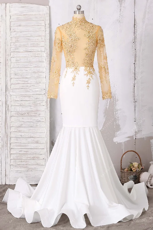 Sheer Two Tone Lace Jersey Long Sleeve Prom Dress