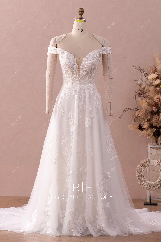 Shimmery Off Shoulder Plunging Lace Bridal Gown