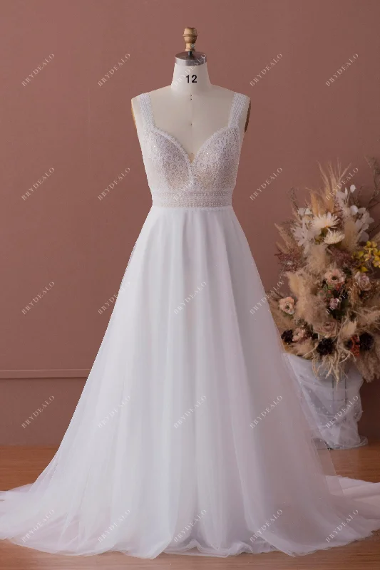 Shimmery Wide Straps Plunging Lace Tulle A-line Wedding Dress