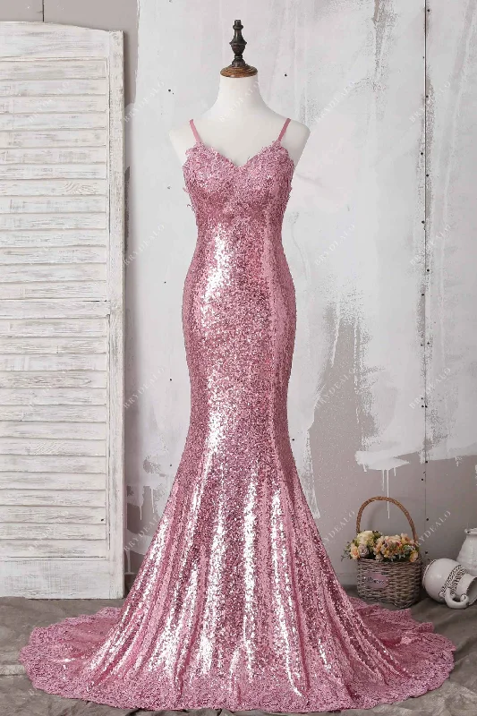 Shiny Rose Gold Lace Sequin Mermaid Prom Dress