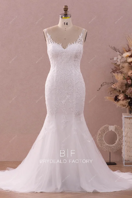 Straps V-neck Lace Tulle Mermaid Long Wedding Dress