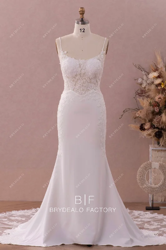 Thin Straps Crepe Mermaid Illusion Lace Cutout Train Bridal Gown