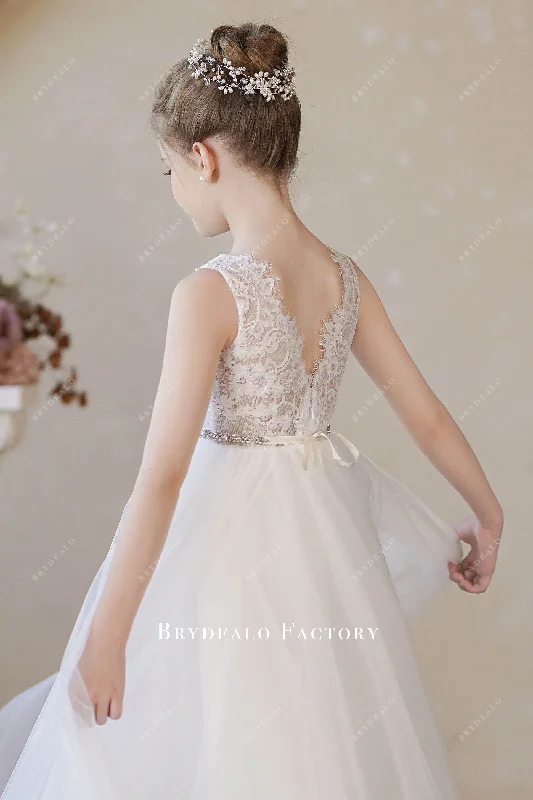 Ultra Soft Scalloped V-cut Back Lace Tulle Flower Girl Dress