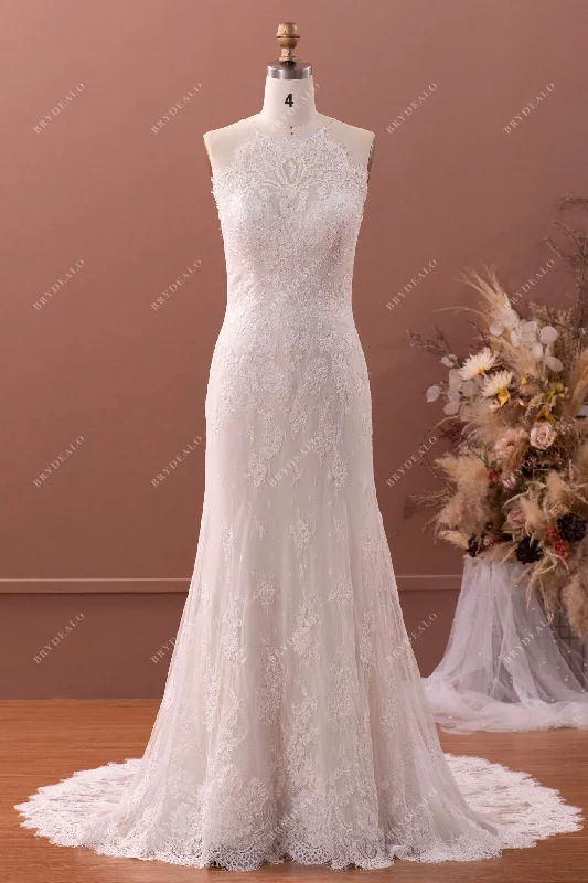 Vintage Halter Neck Corded Lace Mermaid Wedding Dress