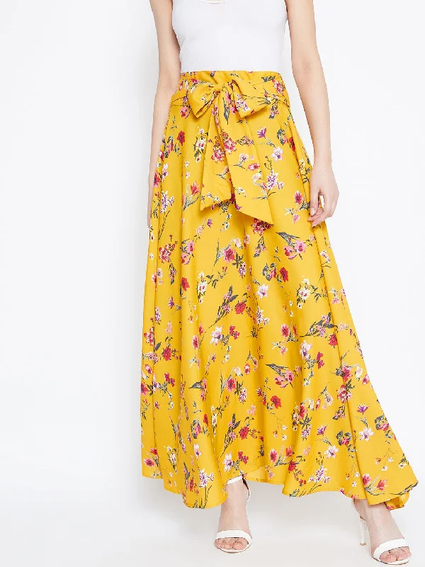 Berrylush Women Yellow & Pink Floral Printed Bow Tie Waist Flared Maxi Skirt