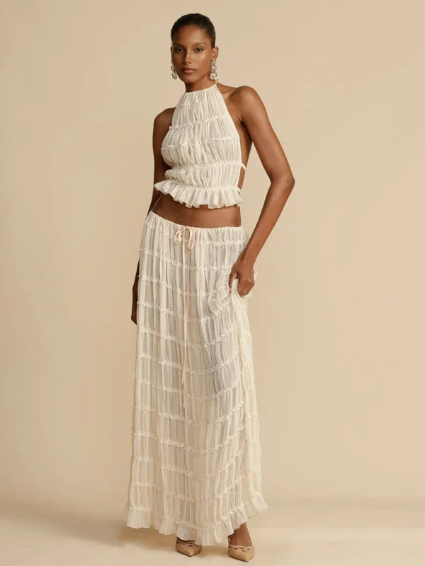 Blue Zone Planet |  Ava's Backless Lace-Up Halter Top and Chiffon Pleated Maxi Skirt Two-Piece Set