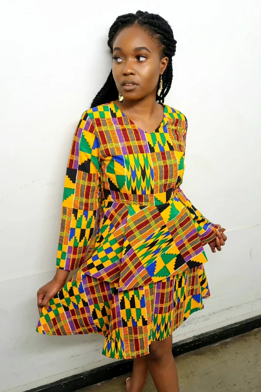 Long-Sleeve Layered Kente Skirt Dress