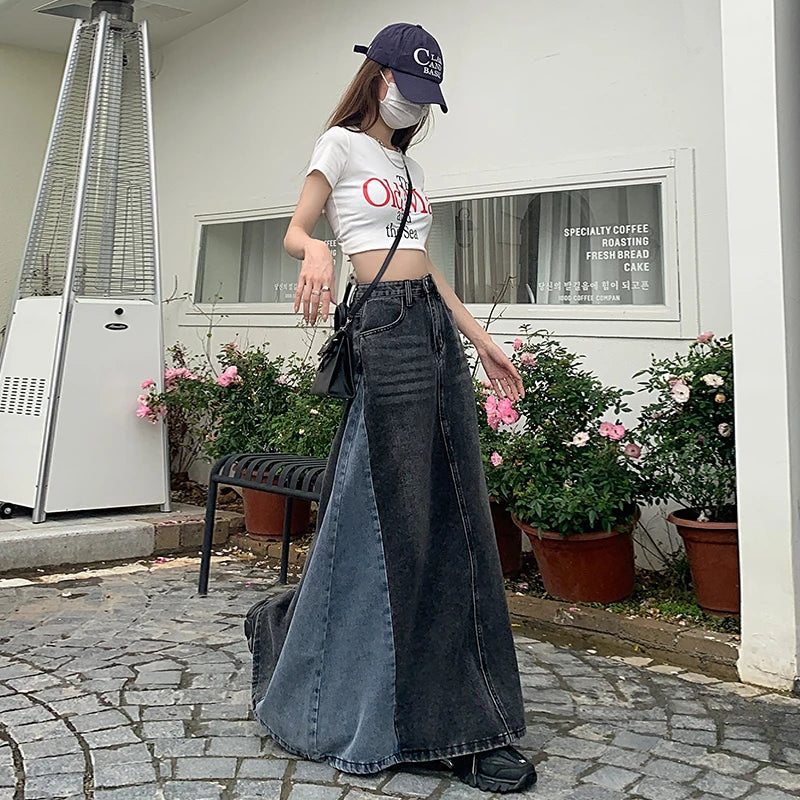 Chicdear Sense Retro Contrasting Denim Long Dress Tall Meat Covering High Waist Color-block Skirt Women's Spring and Autumn