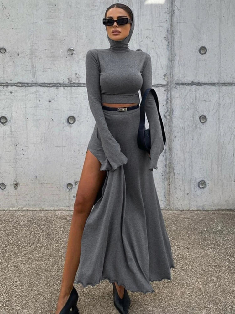 Chicdear Loose Side Slit Skirt Two Piece Sets Womens Outfits 2024 Women Dress Sets Short Long Sleeve Hoodies And Skirts Suit Femme