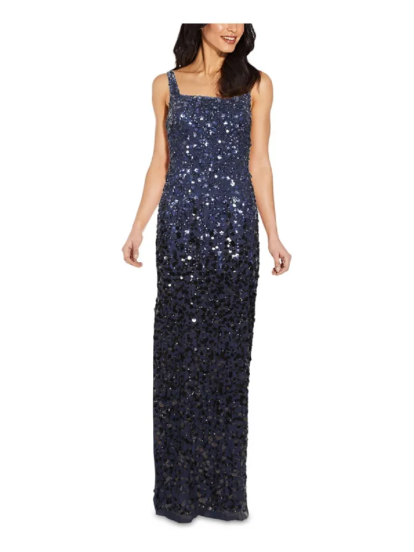 ADRIANNA PAPELL Womens Navy Stretch Sequined Zippered Slitted Lined Sleeveless Square Neck Full-Length Formal Gown Dress