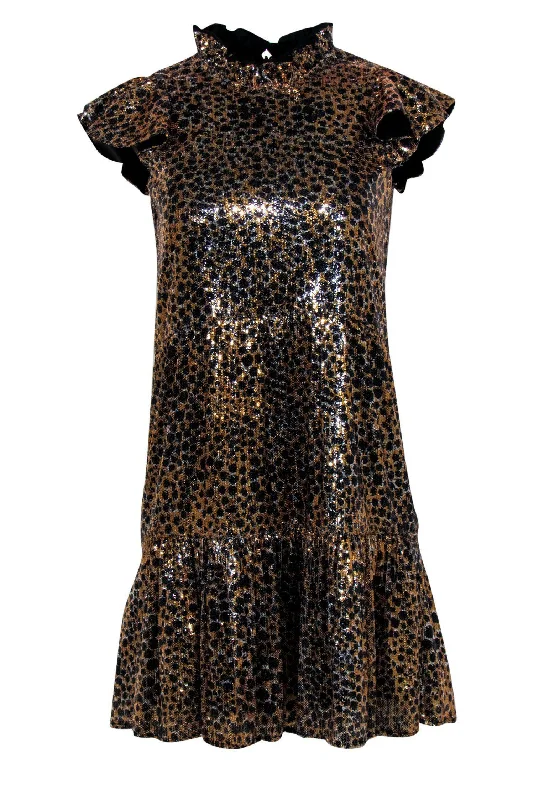 Othilia - Gold & Black Sequin Leopard Print Cap Sleeve Tiered Dress Sz XS