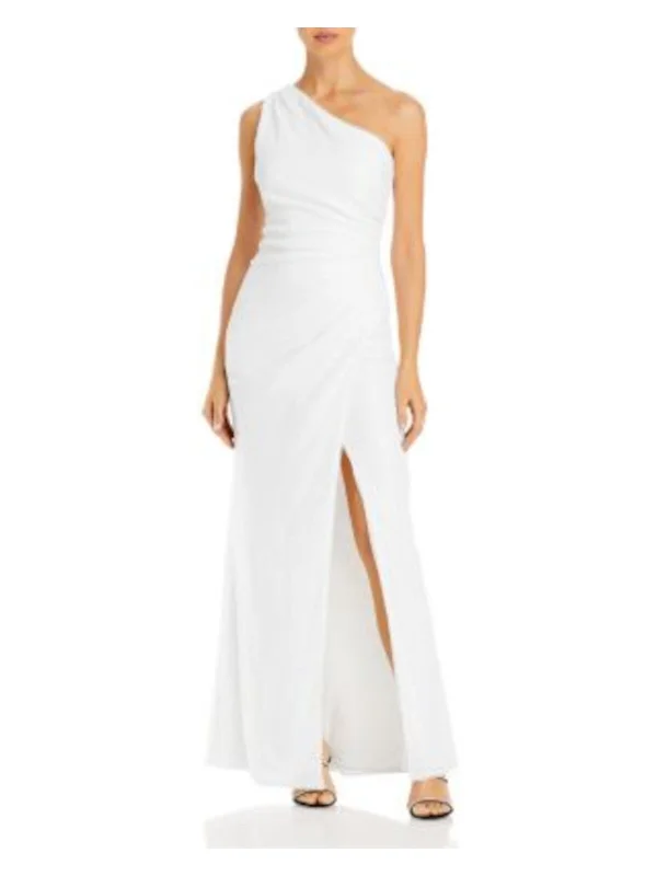 AQUA Womens White Sequined Zippered High Slit Pleated Lined Sleeveless Asymmetrical Neckline Full-Length Evening Gown Dress