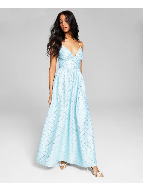 CRYSTAL DOLLS Womens Light Blue Sequined Glitter Zippered Lined Spaghetti Strap V Neck Full-Length Formal Gown Dress