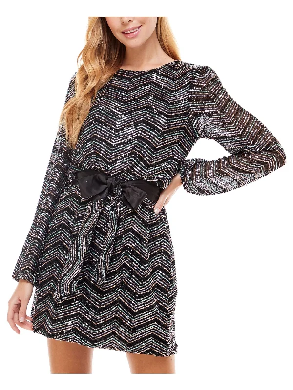 CRYSTAL DOLLS Womens Stretch Sequined Chevron Long Sleeve Round Neck Short Party Shift Dress