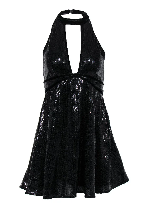 Free People - Black Sequin Sleeveless Fit & Flare Dress w/ Velvet Trim Sz 2