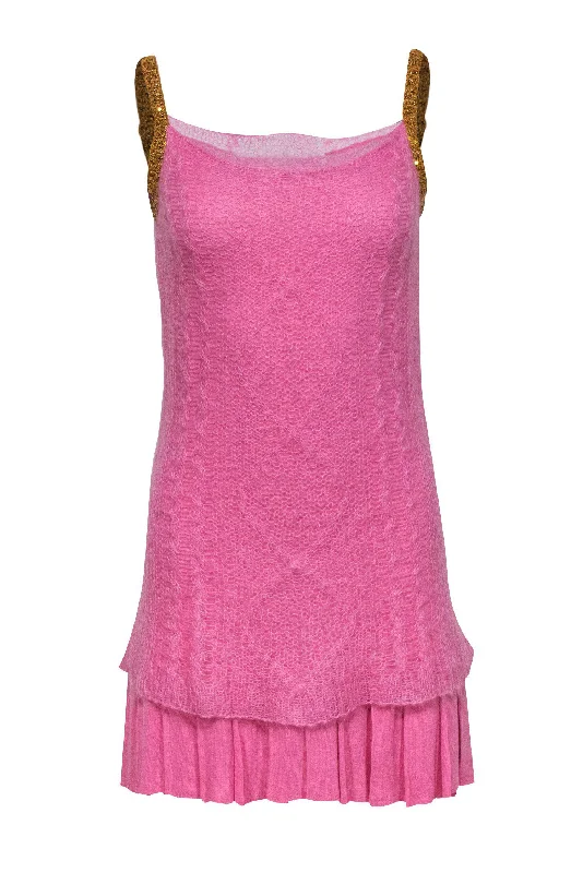 Iisli - Pink Fuzzy Knit Slip Dress w/ Pleated Hem & Sequins Sz S