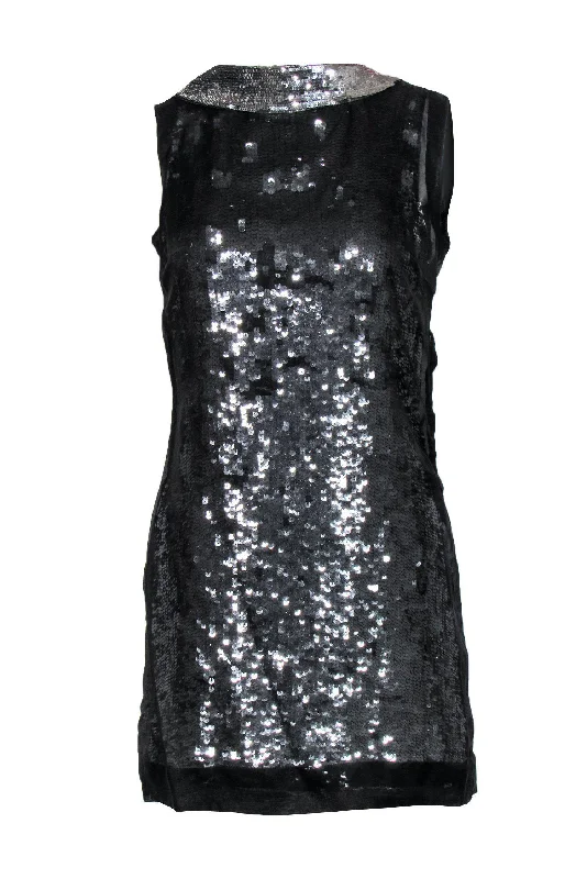 Karen Millen - Dark Silver Sequined Draped Back Dress w/ Mesh Sz 6