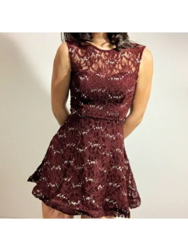 SPEECHLESS Womens Burgundy Sequined Zippered Low Back Bow Tie Lined Sleeveless Scoop Neck Short Party Fit + Flare Dress