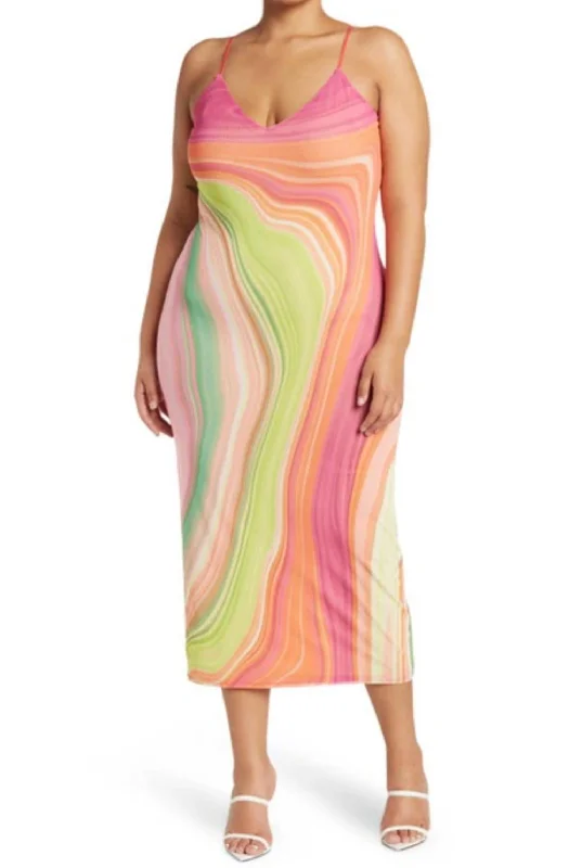 Amina Power Mesh Midi Slip Dress In Abstract Spring Wave