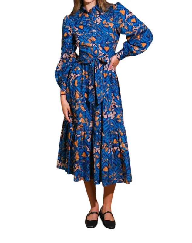 Joan Ikat Print Tie Waist Shirt Dress In Blue Rust