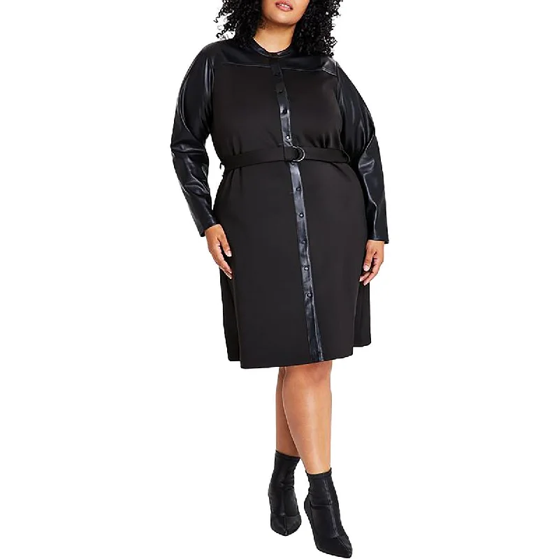 Plus Womens Knee-Length Mixed Media Shirtdress