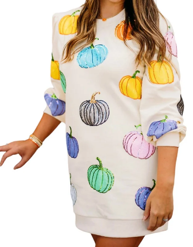 Pumpkin Sweatshirt Dress In Beige Multi