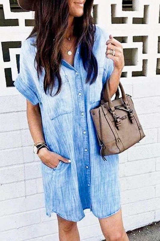 Women's Short Sleeve Front Button-Down Denim Shirt Dress