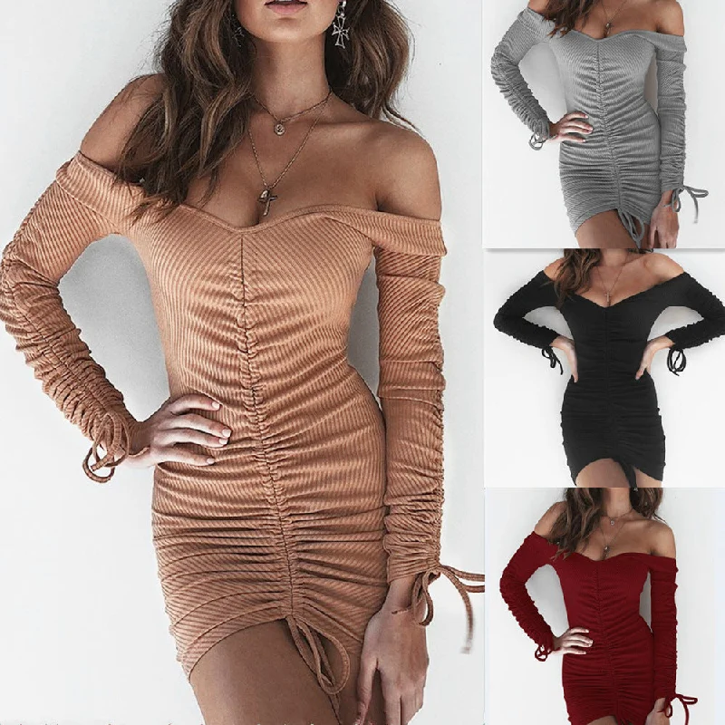 Off the Shoulder Solid Color Women Bodycon Short Dress