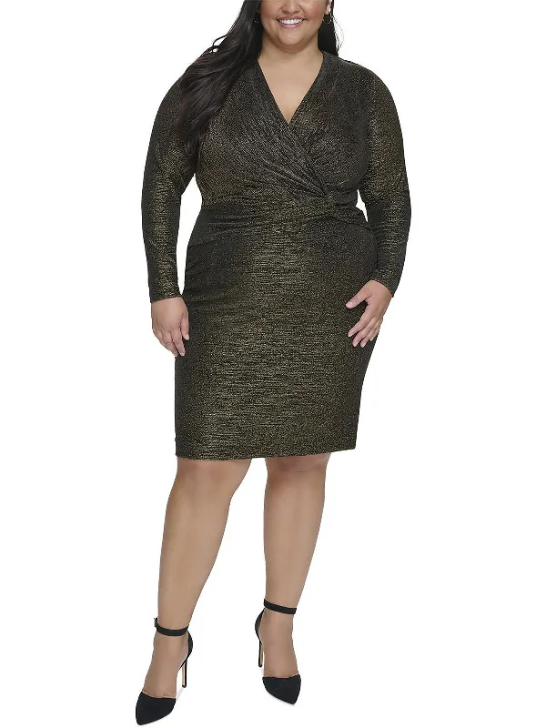 Plus Womens Metallic V-Neck Bodycon Dress