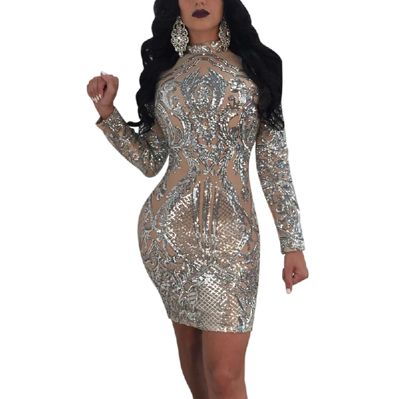 Sequins Transparent Sexy Long Sleeves Women Short Bodycon Dress