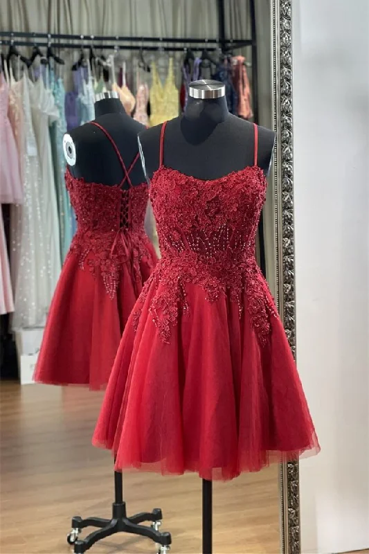 Red Appliques A-line Spaghetti Strap Tulle Homecoming Dress