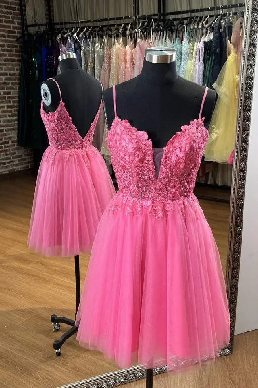 Pink Sweetheart A-line Straps Tulle Homecoming Dress