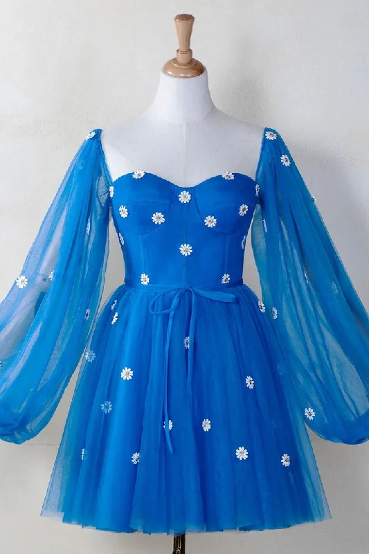 Blue Tulle Illusion Long Sleeves Daisy Appliques Homecoming Dress