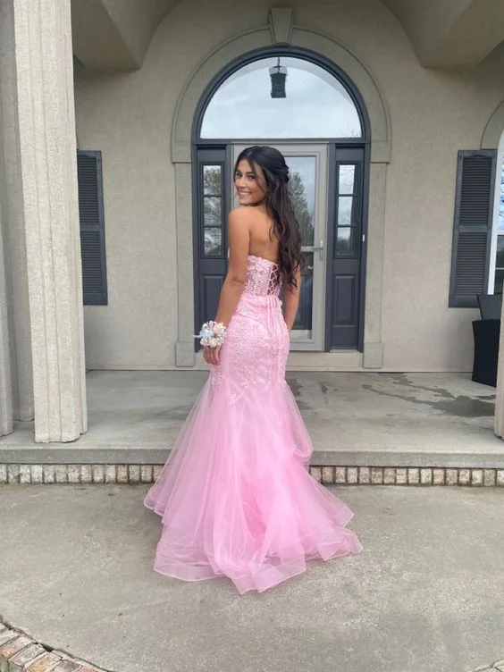 Pink Strapless Tulle Appliques Mermaid Long Prom Dress,DP916