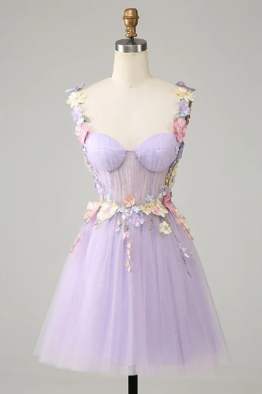 Lavender Tulle Spaghetti Strap Flower Lace-Up Homecoming Dress