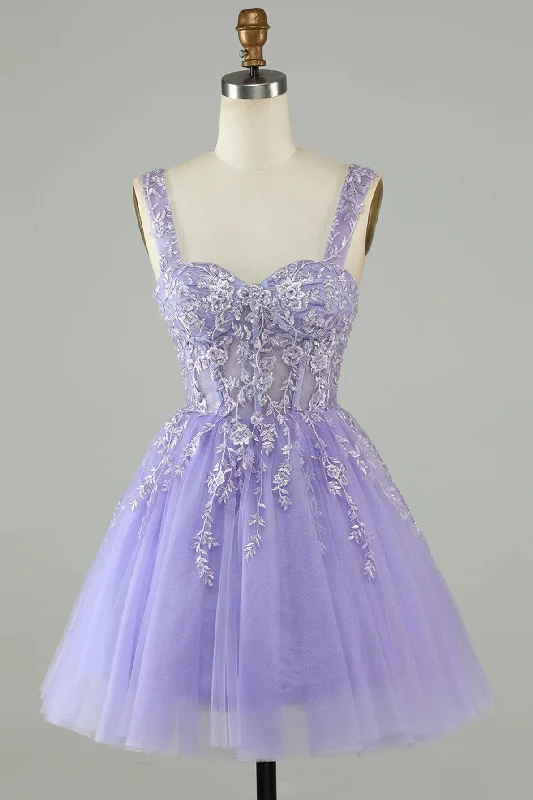 Lavender Sweetheart Tulle Appliques A-line Homecoming Dress