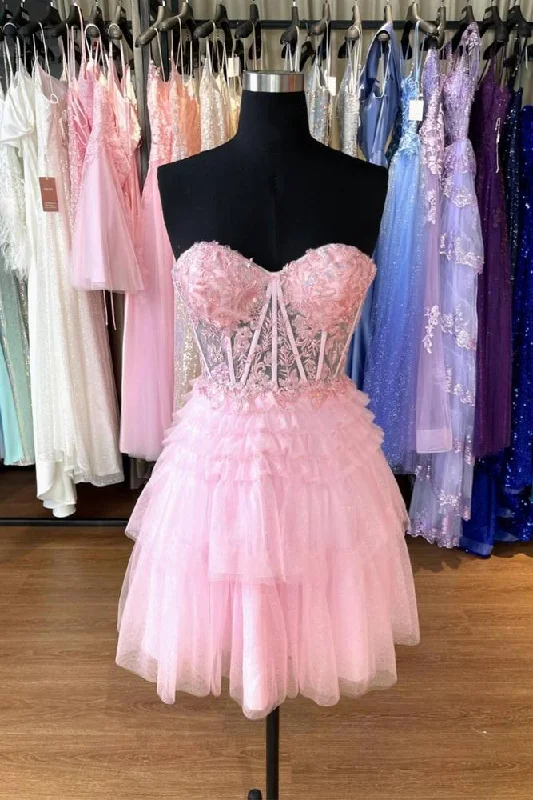 Pink A-line Appliques Strapless Sheath Tulle Homecoming Dress