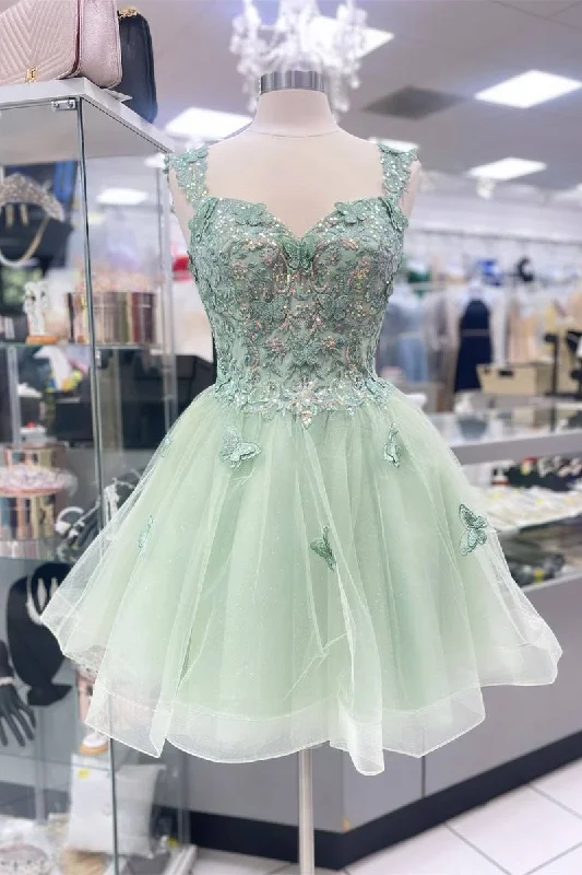 Mint Green Sweetheart Tulle Appliques A-line Homecoming Dress