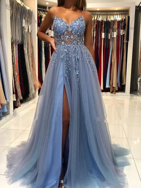 Dusty Blue A-Line Tulle BeadsLong Prom Dress with Slit,DP1017