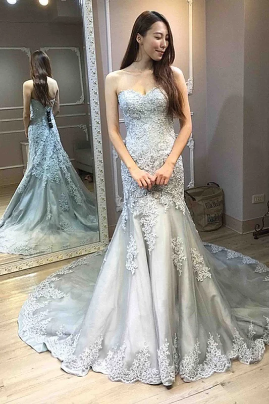 Grey Strapless Mermaid Tulle Appliques Long Prom Dress,DP930