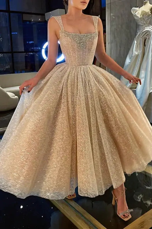 Sparkly Tulle A-Line Square Sleeveless Beaded Prom Dress