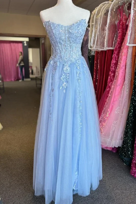 Strapless Tulle A-Line Appliques Glitter Prom Dress