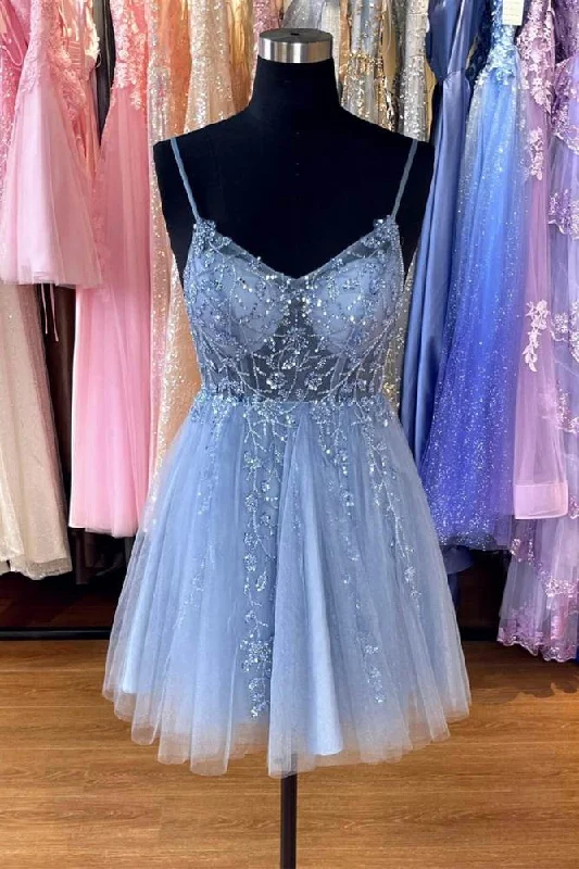 Blue Sweetheart A-line Straps Tulle Homecoming Dress